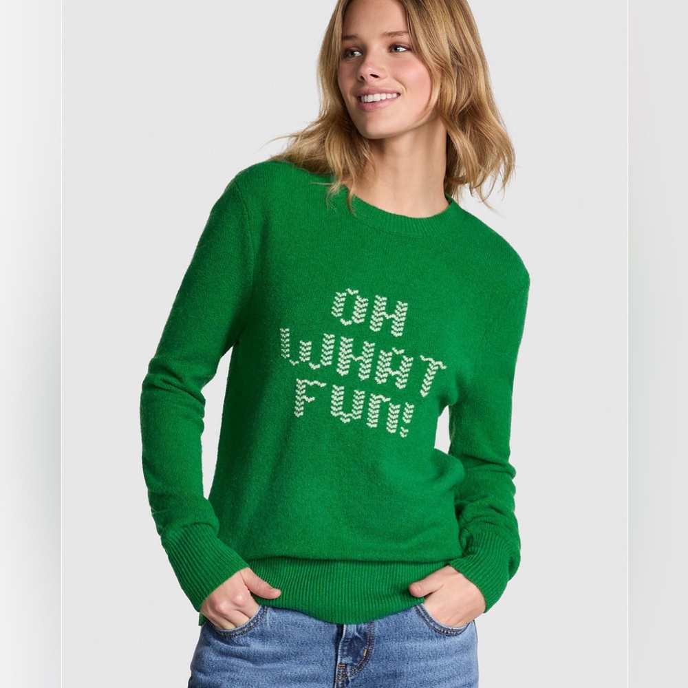 VS Pink Collegiate Knit Crewneck Holiday Sweater Verdant Green Size Med. NWT💚🤍 - Picture 2 of 6